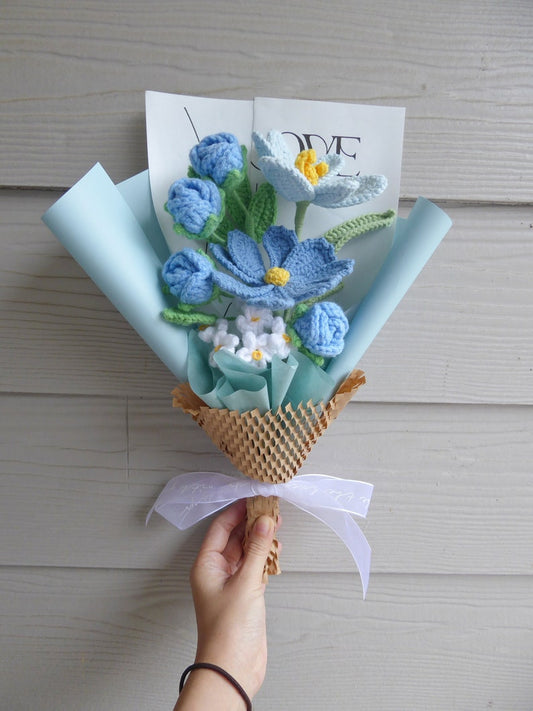 Crochet Flowers Bouquet Handmade, Finished Product, Rose,Tulip,Cosmos for Anniversary